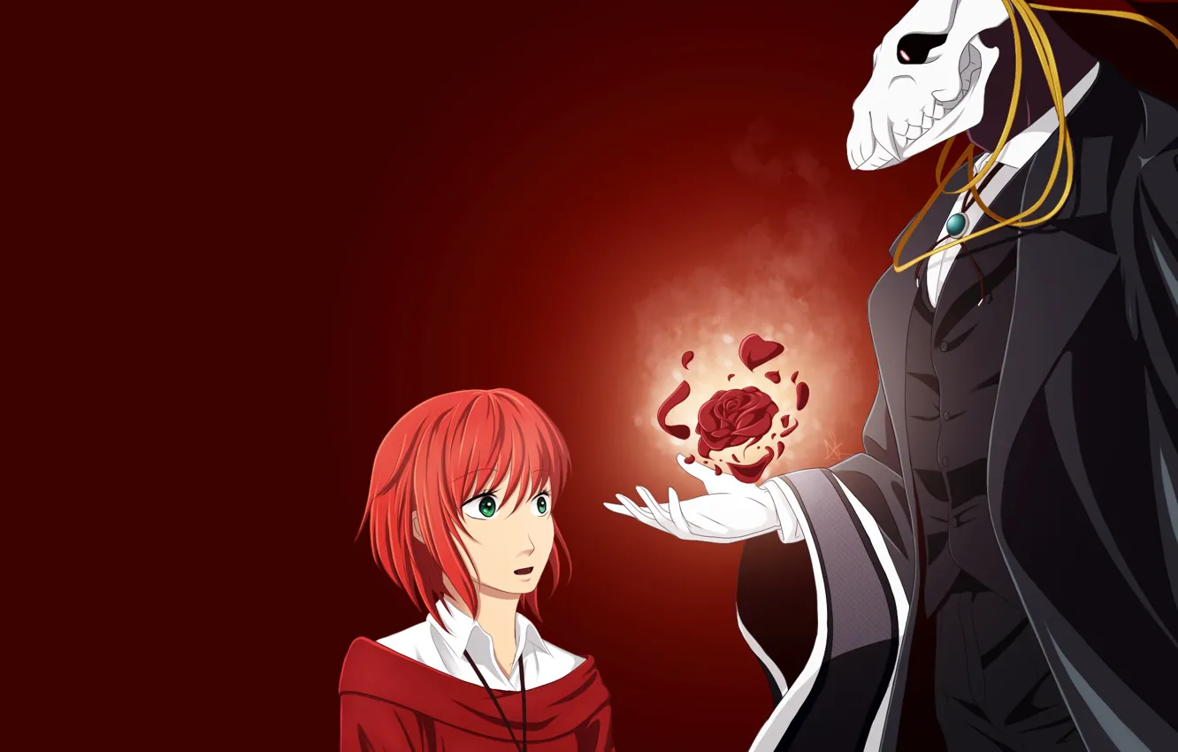 Photo wallpaper girl, roses, anime, art, fascinator, red background, Mahou Tsukai no Yome