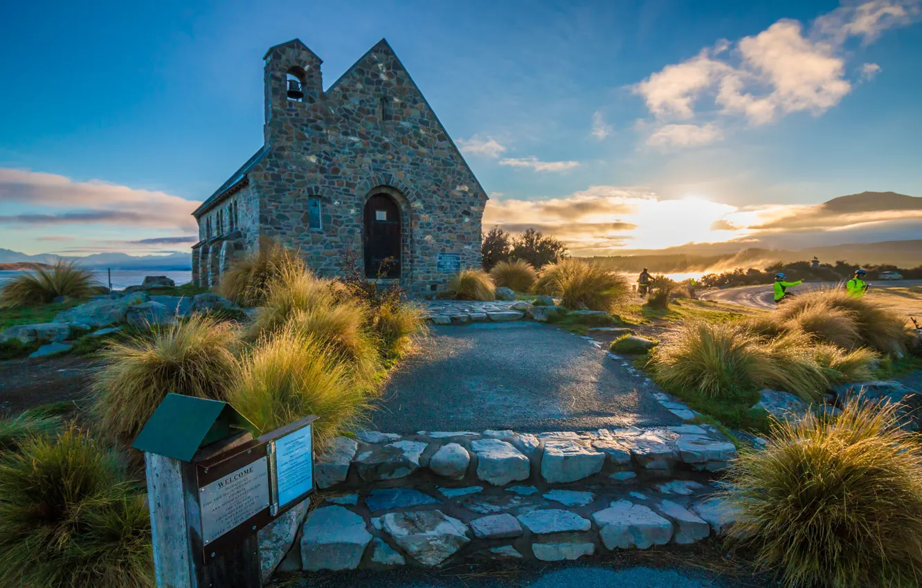 Photo wallpaper grass, landscape, nature, lake, stones, New Zealand, Church, Lake Tekapo