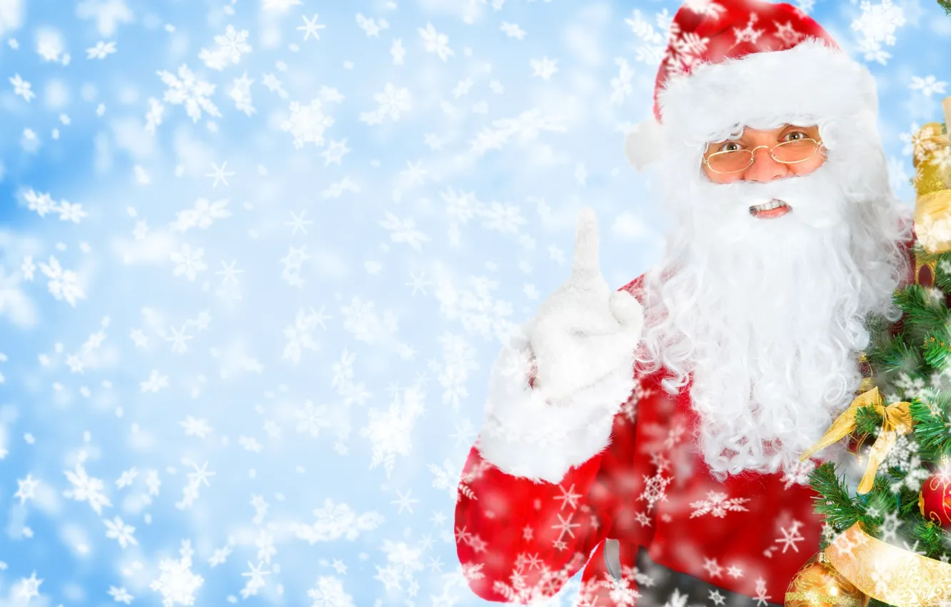 Photo wallpaper snowflakes, tree, Christmas, New year, Santa Claus, Santa Claus, New Year, smiling Santa