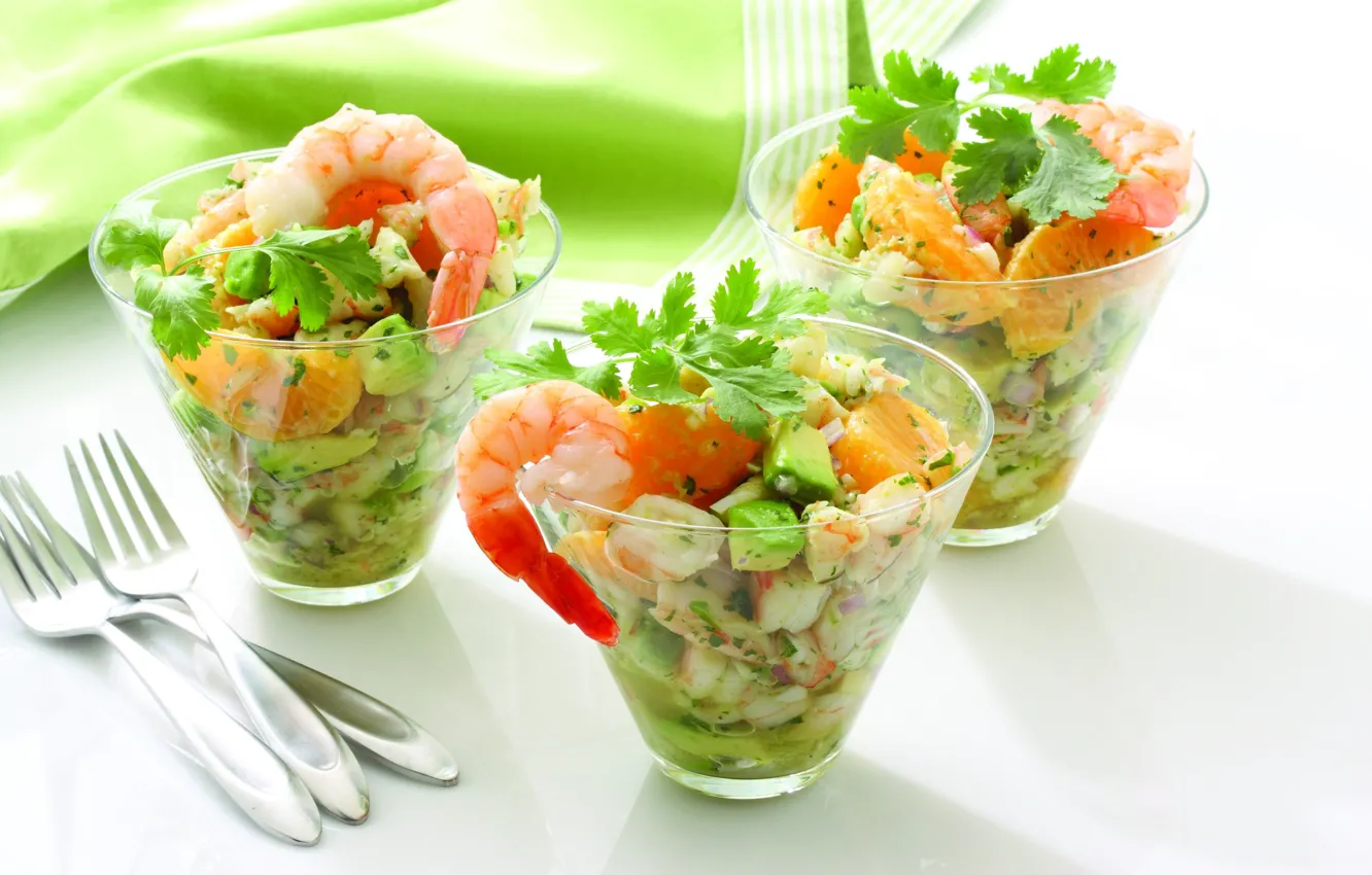 Photo wallpaper mandarin, greens, shrimp, avocado, onions, cooking, recipe