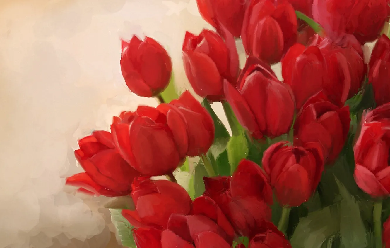 Photo wallpaper red, background, bouquet, art, tulips
