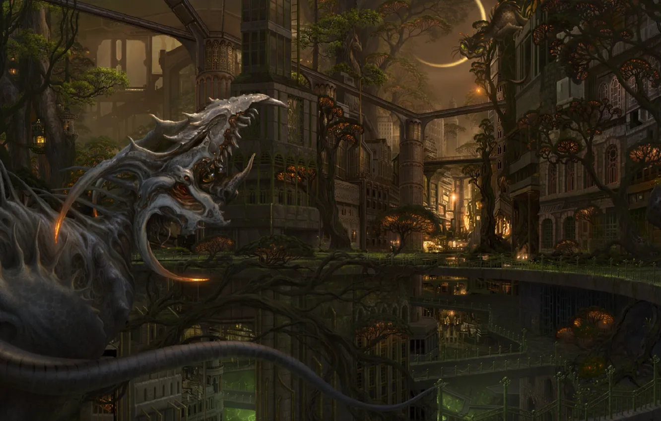 Photo wallpaper trees, bridge, the city, the moon, dragon, monster, being, art