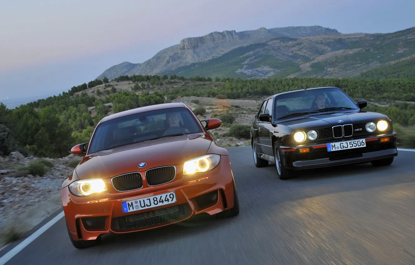 Photo wallpaper road, light, orange, black, lights, two, BMW, in motion
