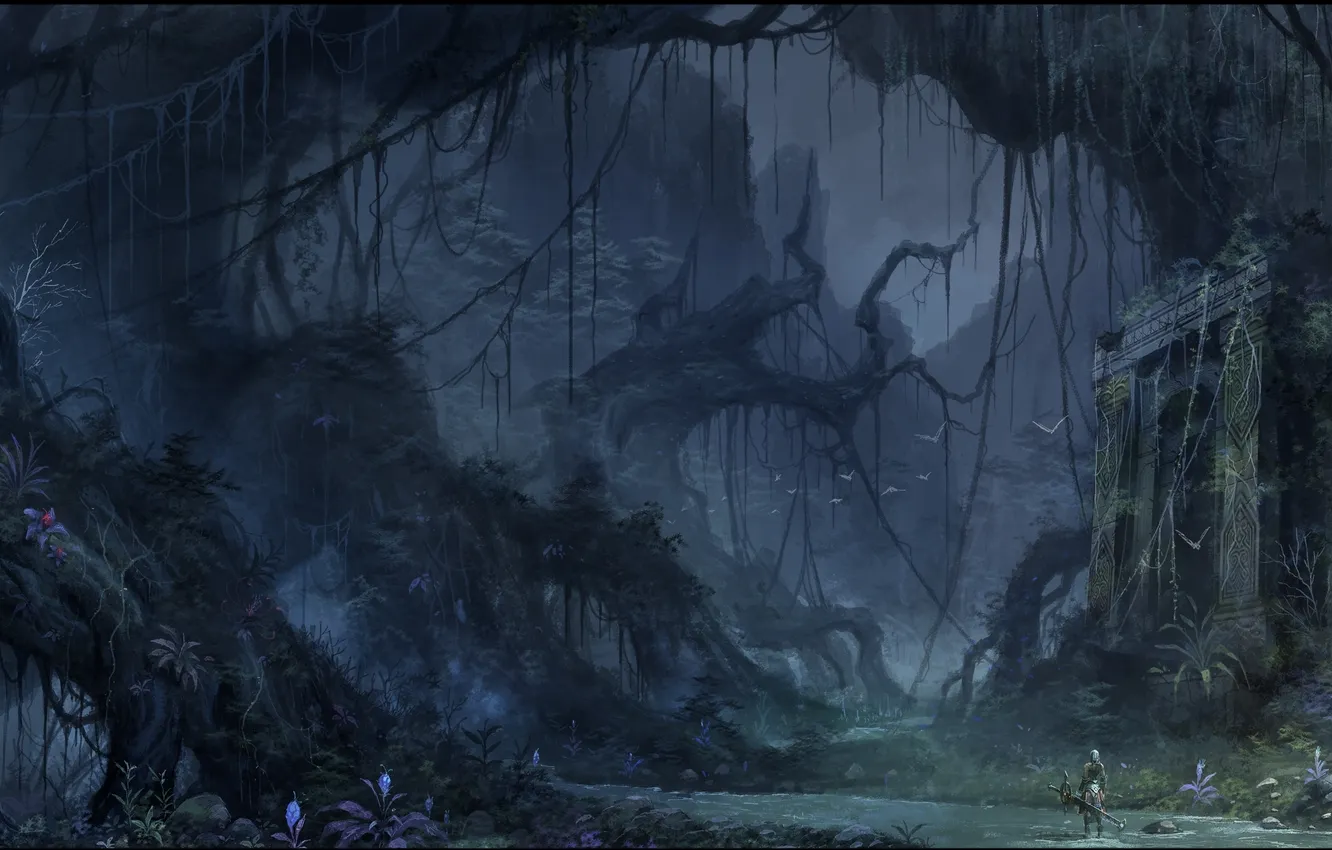 Photo wallpaper trees, flowers, people, twilight, art, arch, vines, Chao Yuan Xu