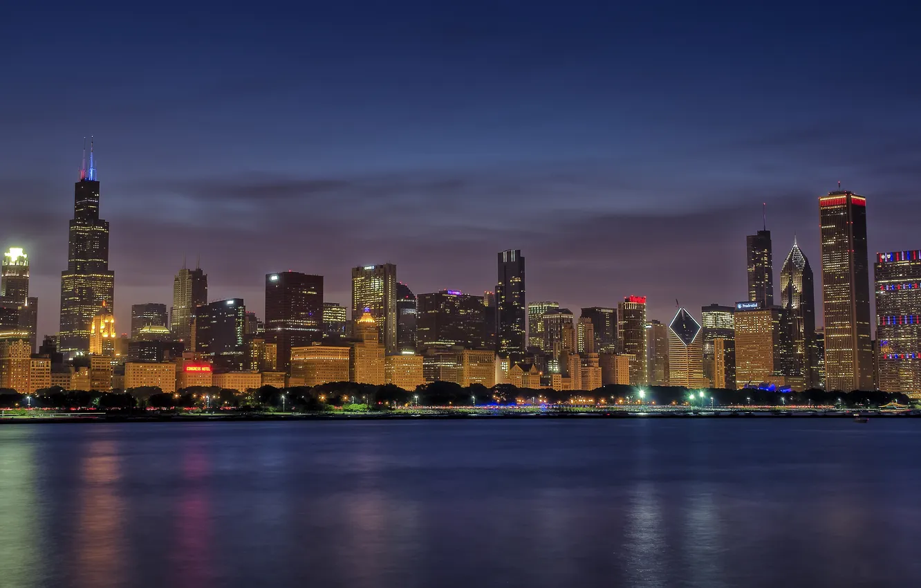 Photo wallpaper the city, lights, lake, home, Chicago, Skyline, Blue Hour, panorama