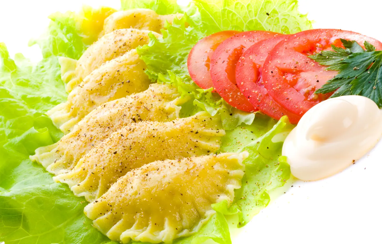 Photo wallpaper food, tomatoes, salad, mayonnaise, dumplings