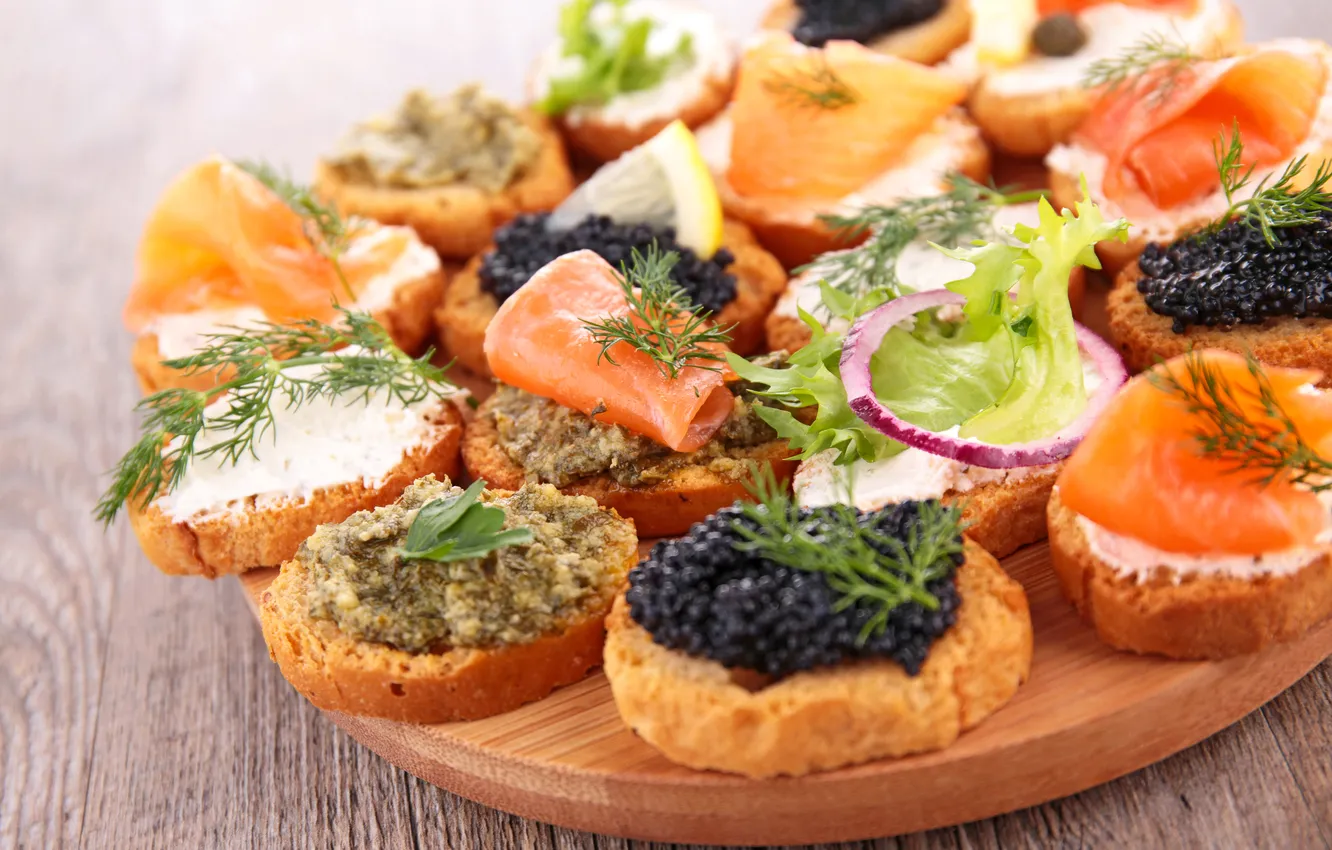 Photo wallpaper fish, dill, caviar, fish, sandwiches, sandwiches, caviar