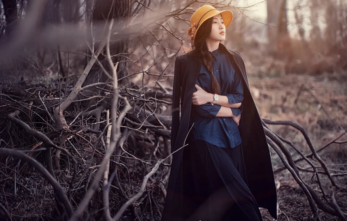 Photo wallpaper forest, braid, hat, bokeh