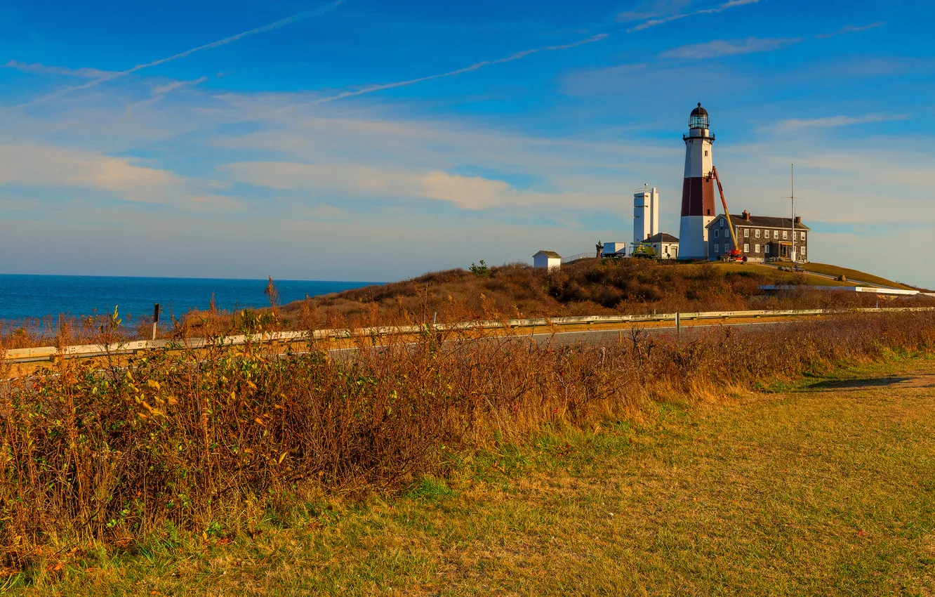 Photo wallpaper road, sea, the sky, grass, lighthouse