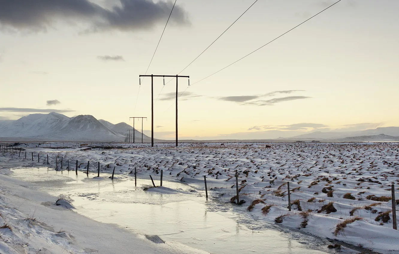 Photo wallpaper field, snow, landscape, power lines