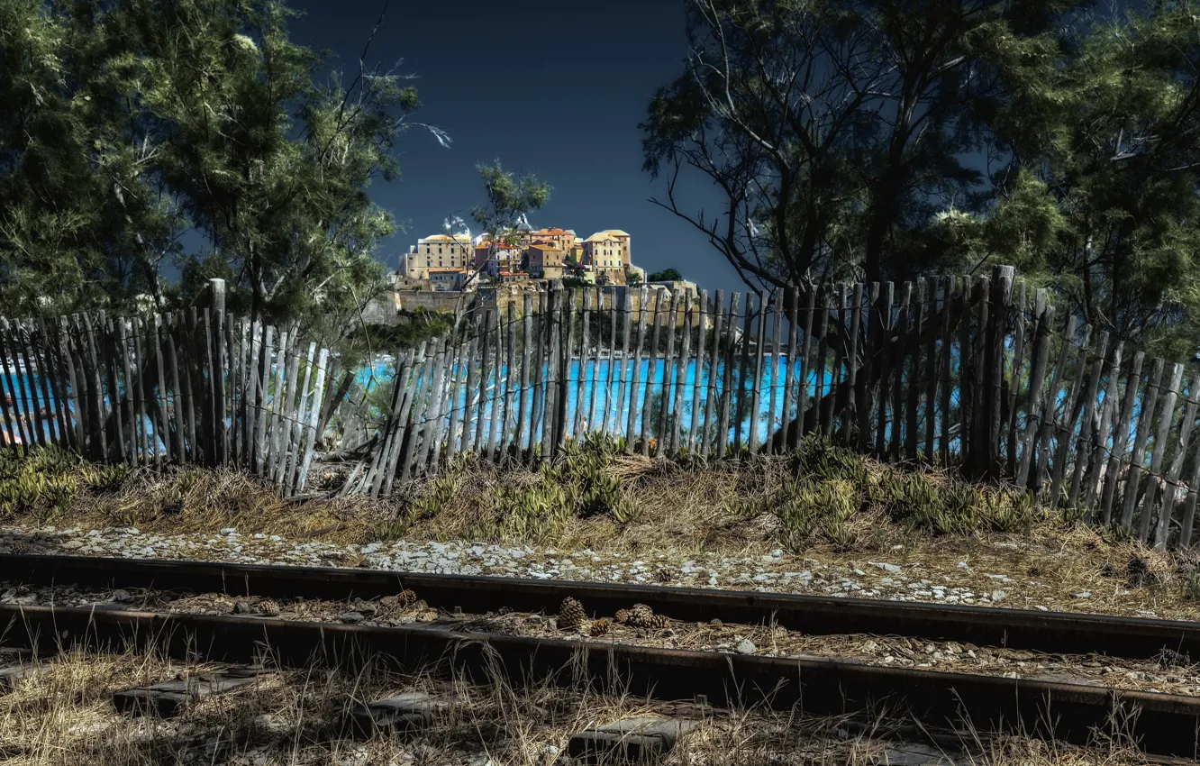 Photo wallpaper the city, the fence, railroad, France, Corsica, Calvi