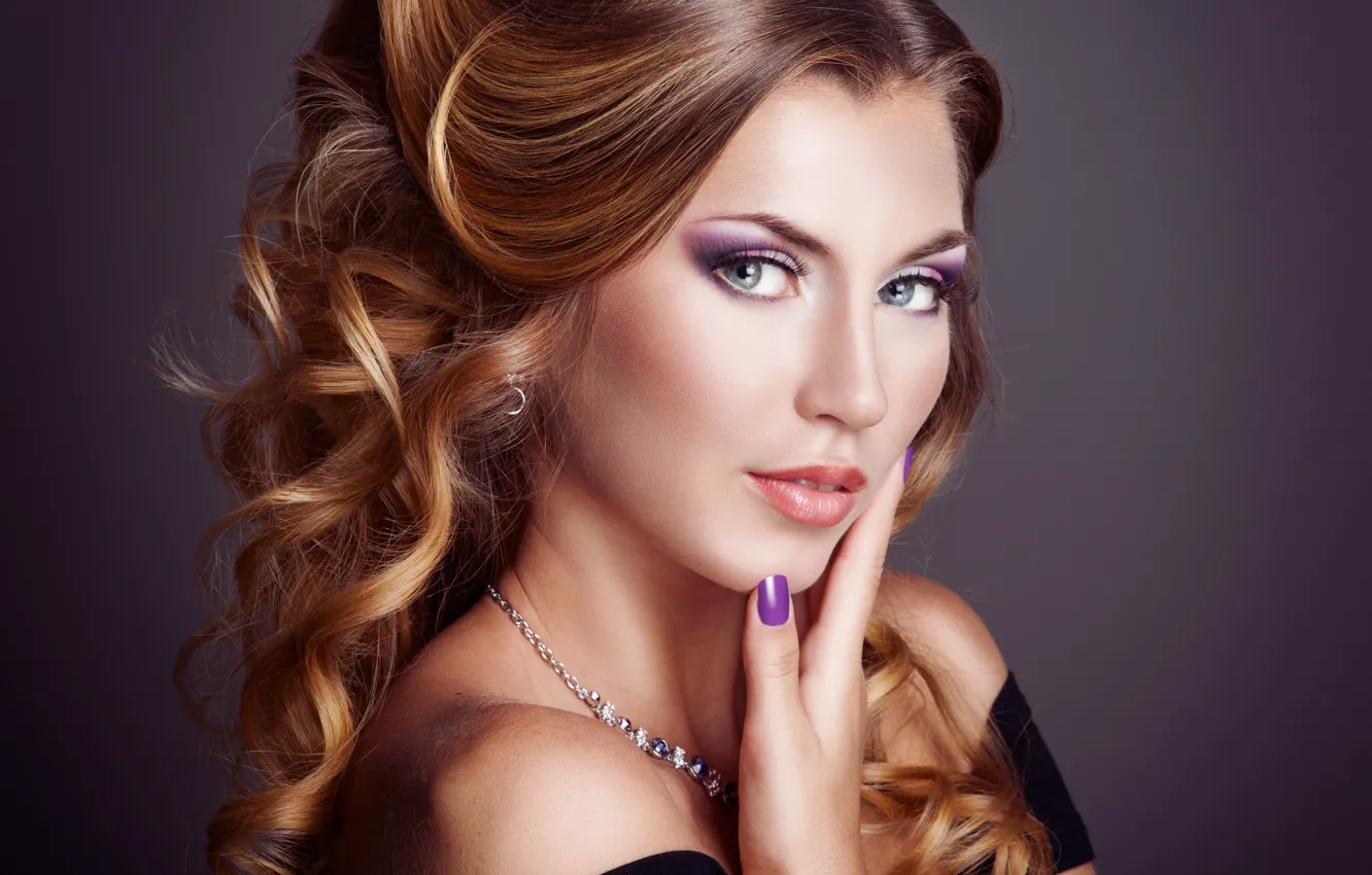 Photo wallpaper look, girl, background, black, hair, hands, makeup, dress