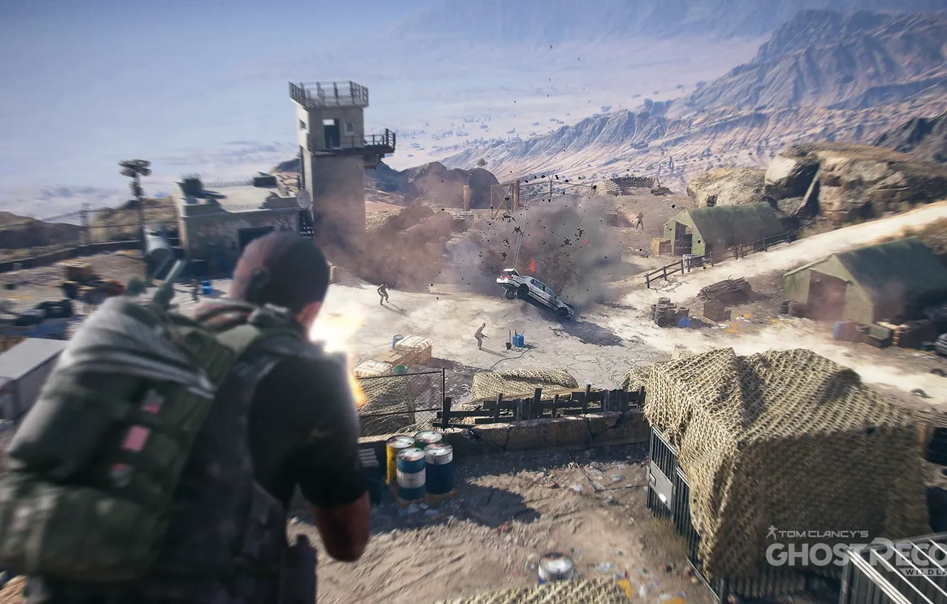 Photo wallpaper the explosion, village, soldiers, Ghost Recon Wildlands