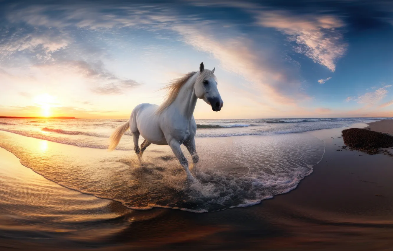 Photo wallpaper sea, wave, beach, horse, shore, horse, art, running