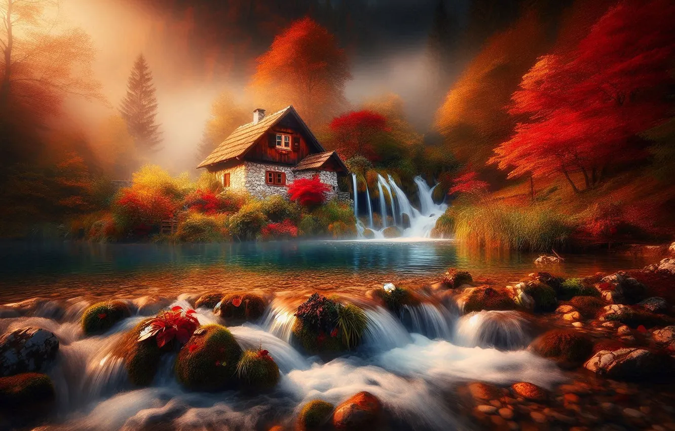 Photo wallpaper autumn, forest, trees, nature, waterfall, house, AI art
