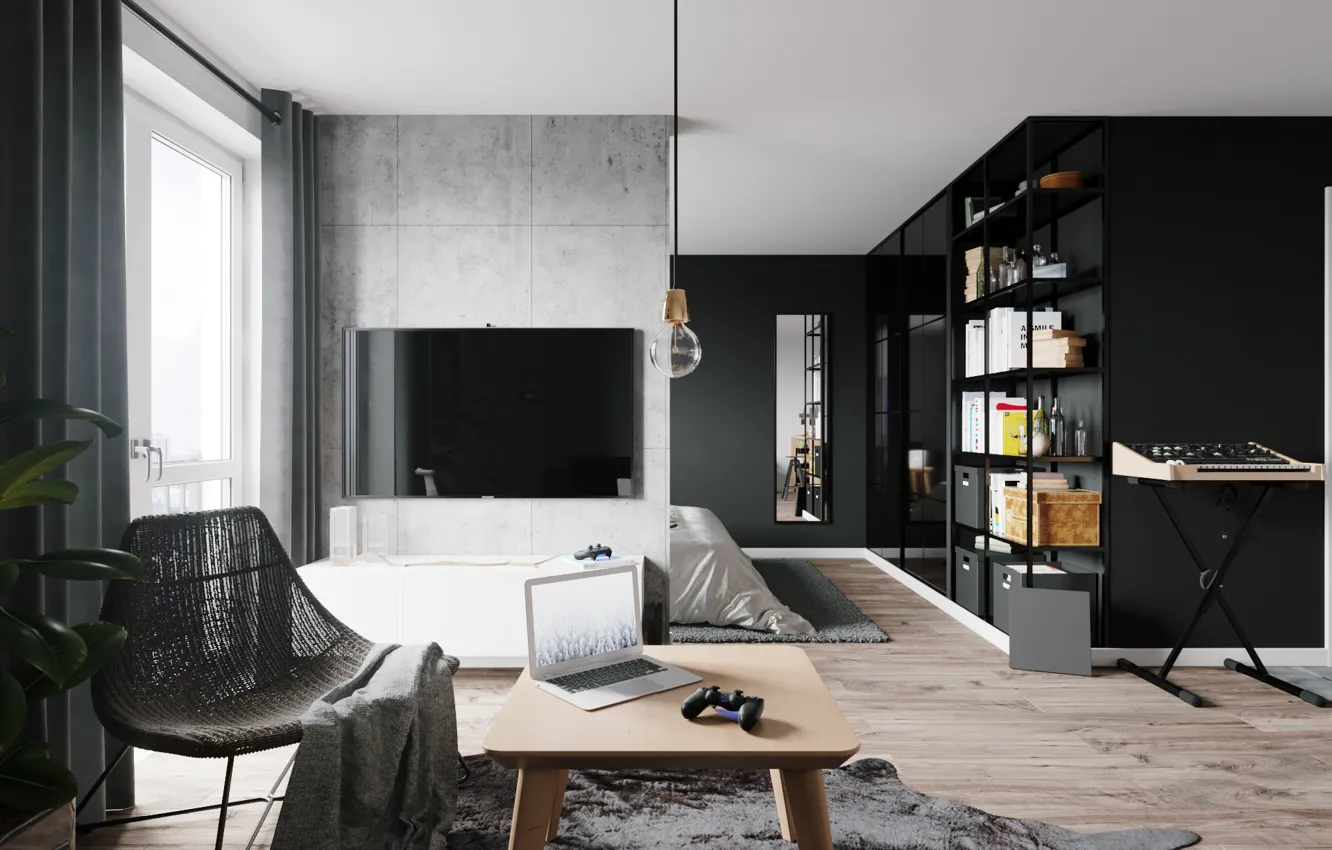 Photo wallpaper table, chair, laptop, apartment, synth, shelves