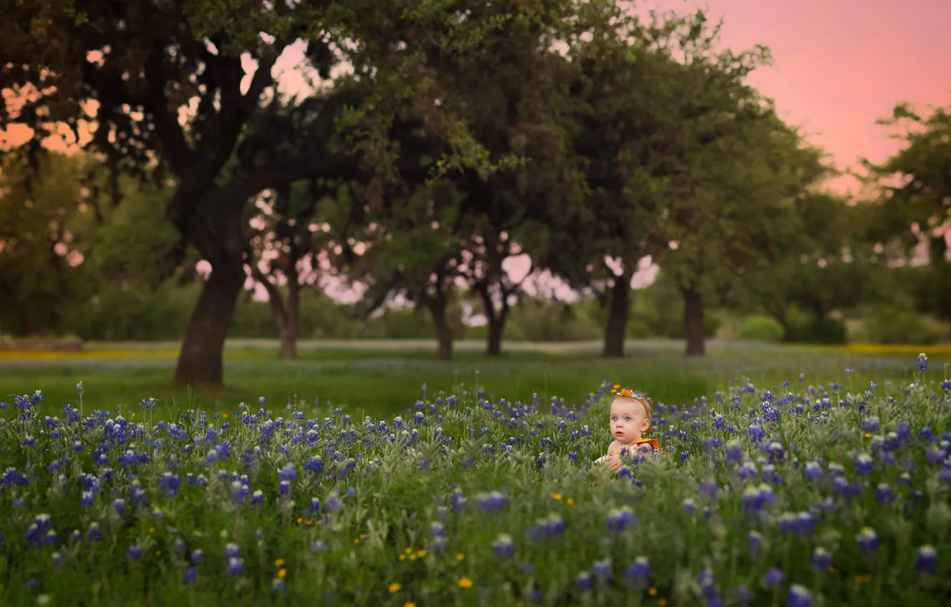 Photo wallpaper children, lupins, girl, flowers, Park, nature, Peeps, Lisa Holloway