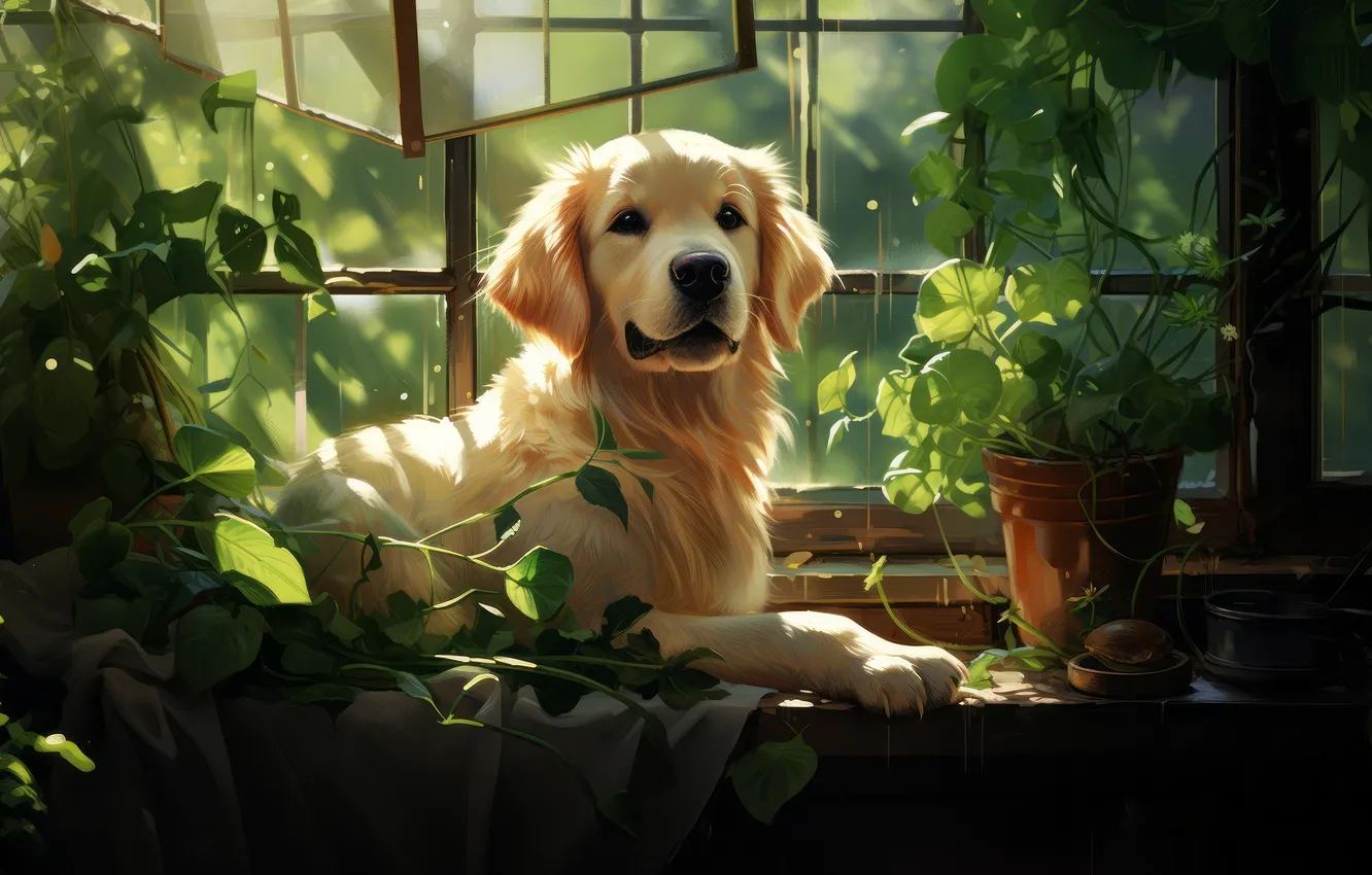 Photo wallpaper green, animals, dog, leaves, window, digital art, plants, Illustration