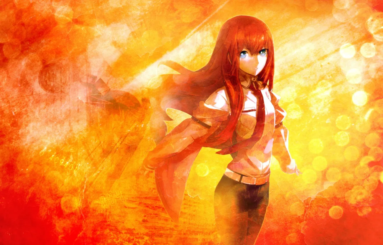 Photo wallpaper girl, lights, anime, tie, shirt, strap, Bathrobe, steins gate