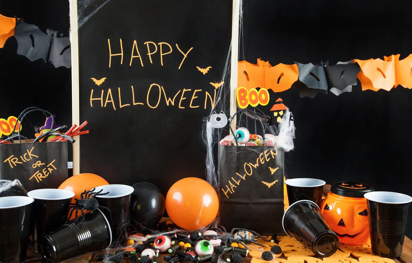 Photo wallpaper holiday, spiders, ball, candles, pumpkin, glasses, garland, Halloween