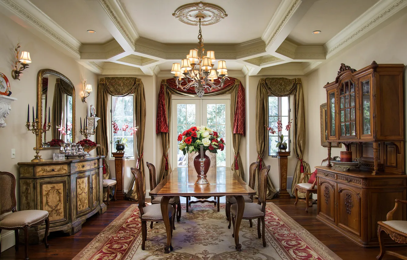 Photo wallpaper flowers, design, style, table, furniture, chair, chandelier, classic