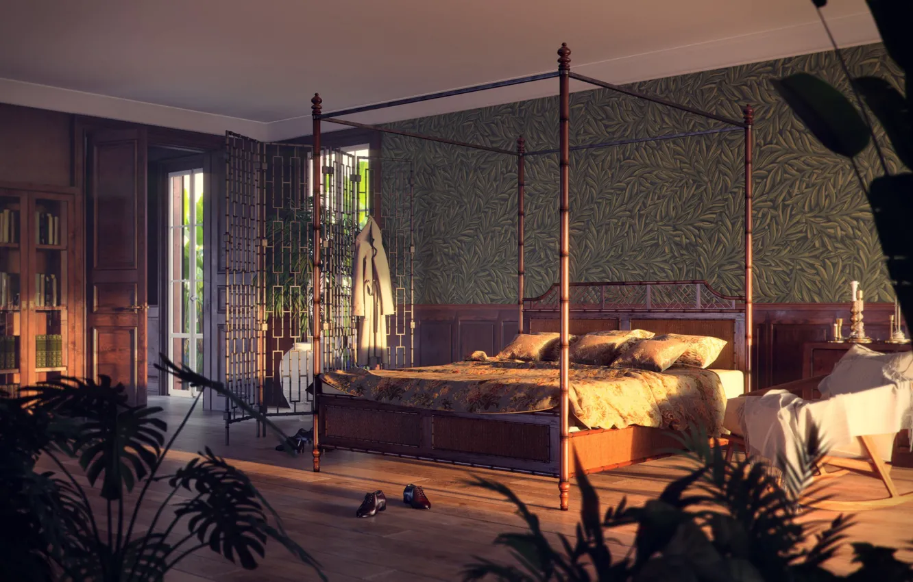 Photo wallpaper bed, shoes, bedroom, the room, Tropics of yore