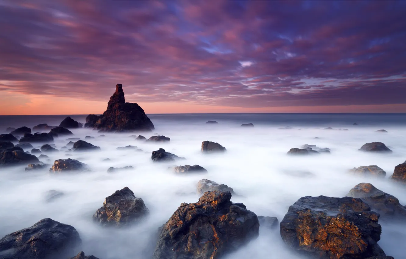 Photo wallpaper sea, the sky, clouds, sunset, orange, stones, the ocean, shore