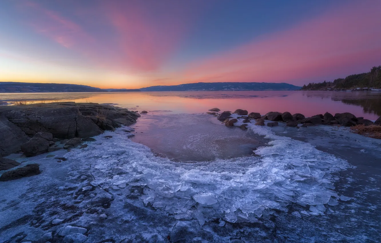Photo wallpaper sunset, shore, coast, ice, the evening