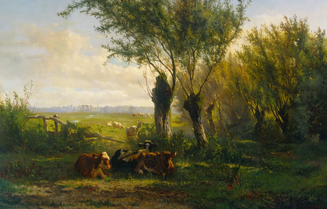 Photo wallpaper landscape, oil, picture, canvas, 1860, Albert Gerard Bilders, Albertus Gerardus Builders, Pastures in Oosterbeek
