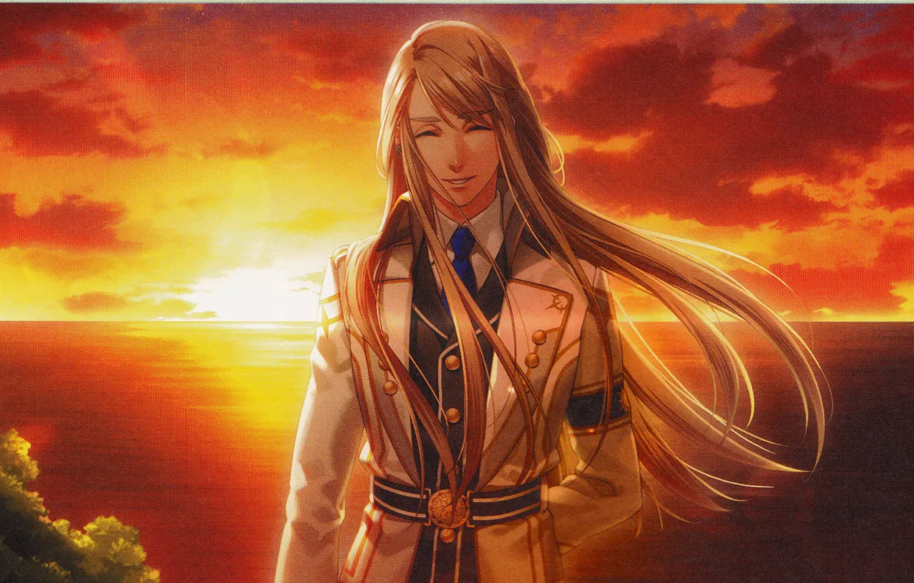 Photo wallpaper sea, the sky, sunset, smile, guy, long hair, art, military uniform