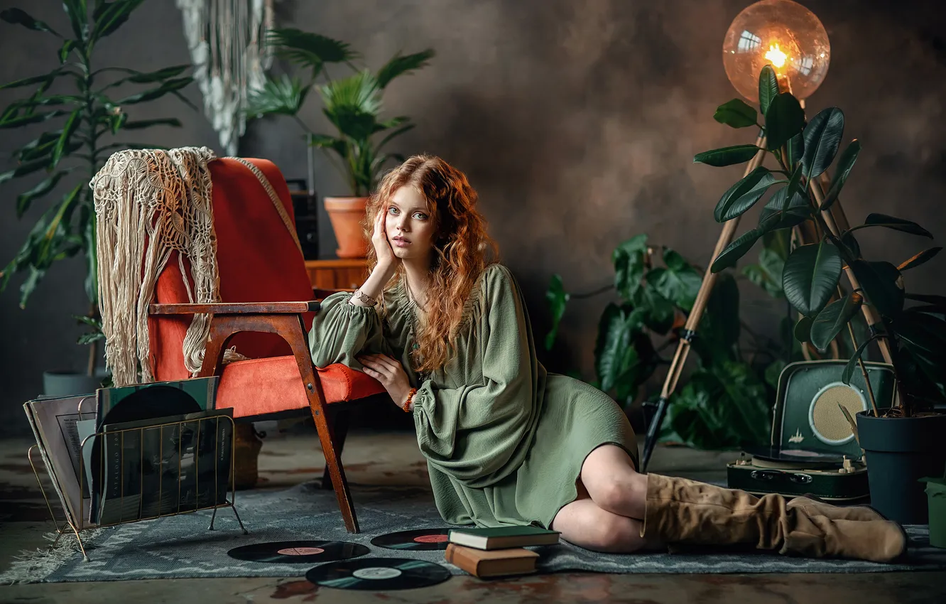 Photo wallpaper girl, dress, pretty, redhead, cute, boots