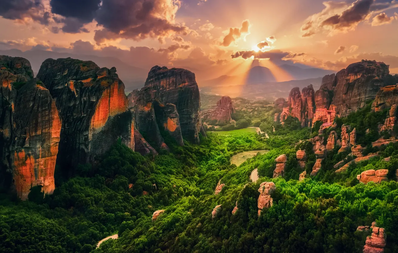 Photo wallpaper forest, the sun, clouds, light, rocks, Greece, Meteors, Meteora
