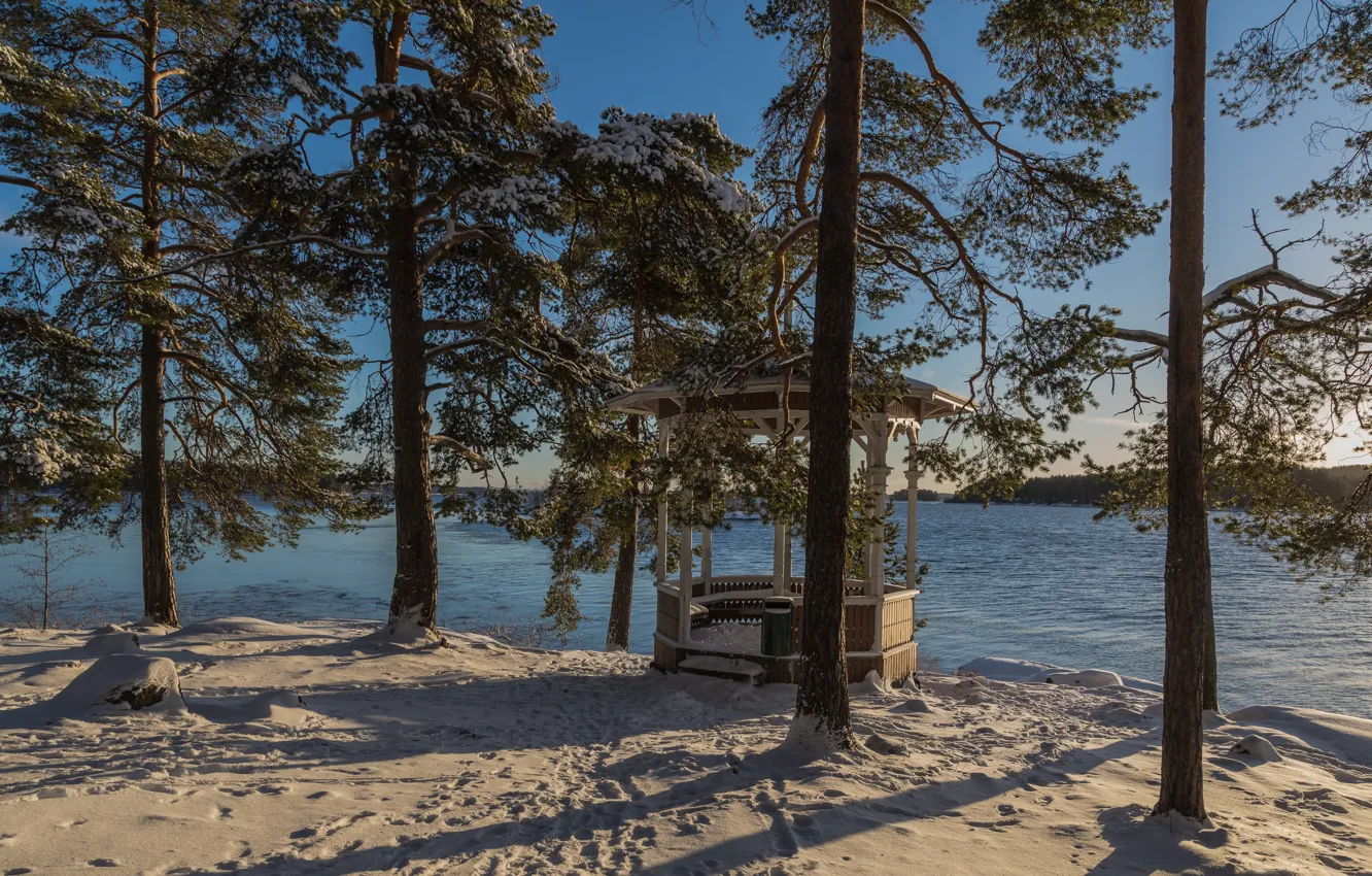 Photo wallpaper snow, lake, ate, gazebo, Finland, Finland, Kuopio