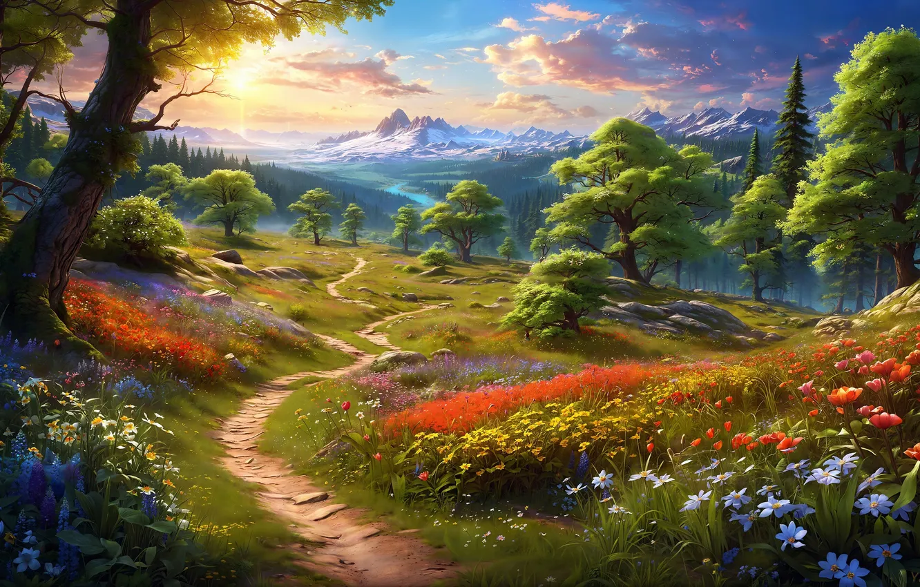 Photo wallpaper trees, landscape, sunrise, path