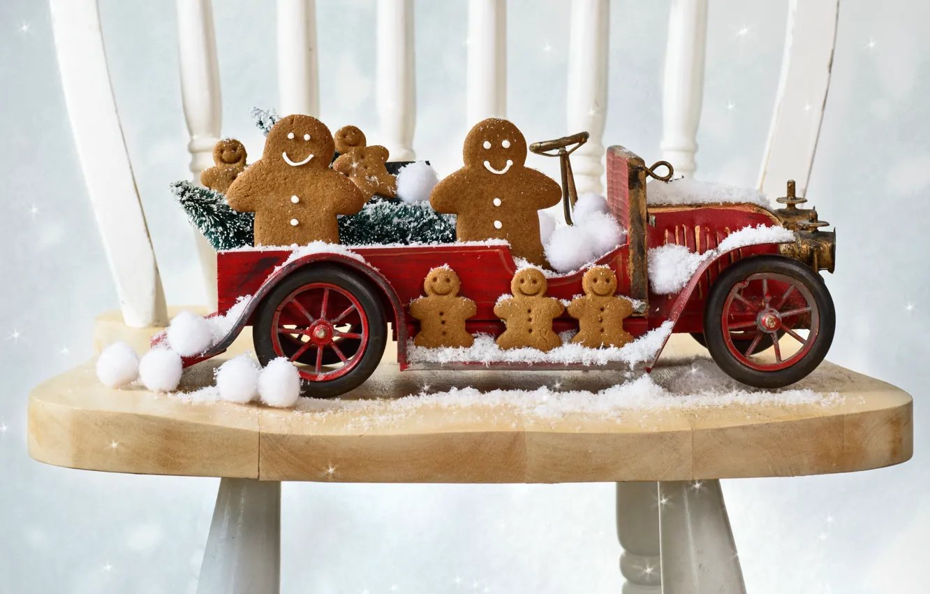 Photo wallpaper machine, auto, chair, gingerbread, snowballs