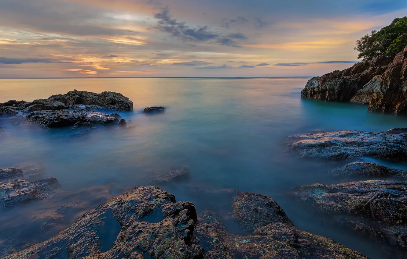 Photo wallpaper sea, the sky, clouds, trees, stones, rocks