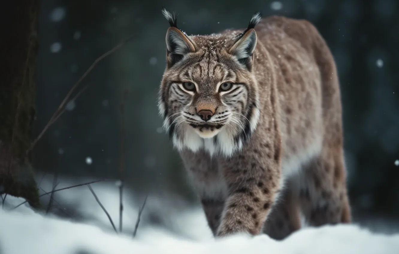 Photo wallpaper winter, look, snow, predator, lynx, big cat, digital art, AI art