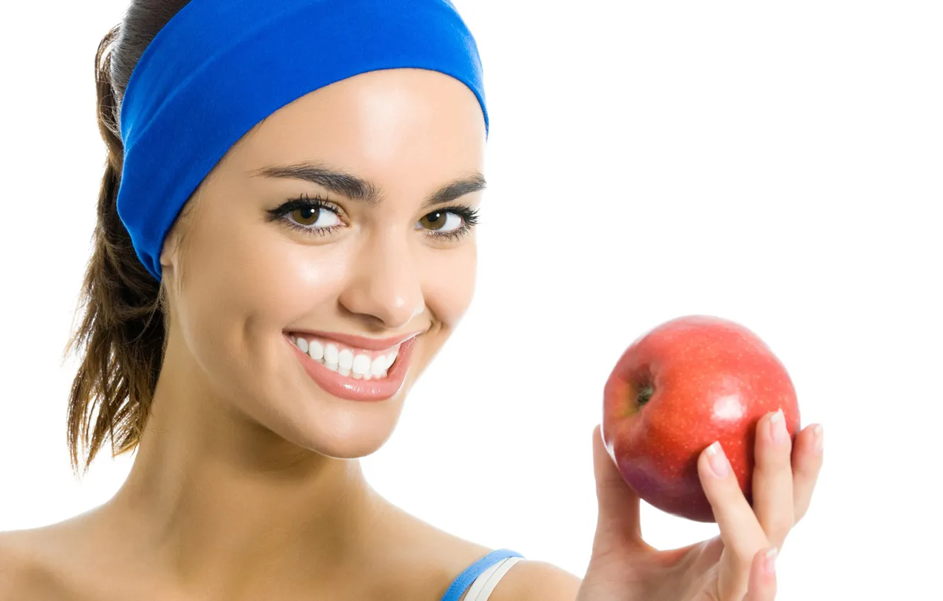 Photo wallpaper look, close-up, smile, Apple, hand, portrait, makeup, hairstyle