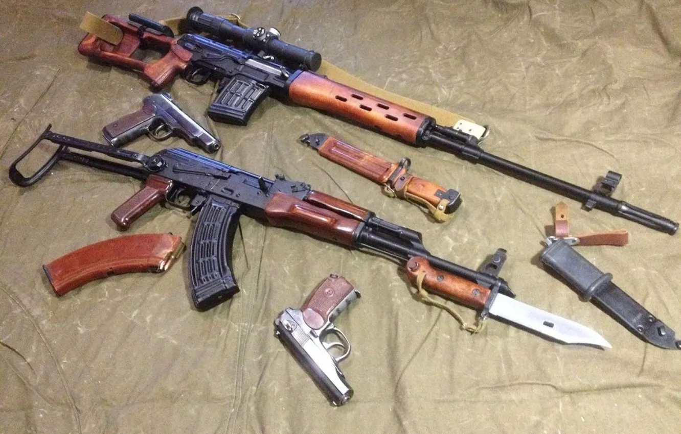 Photo wallpaper gun, SVD, Kalashnikov Modernized, AKMS, APS, Sniper rifle, Soviet weapon, Bayonet
