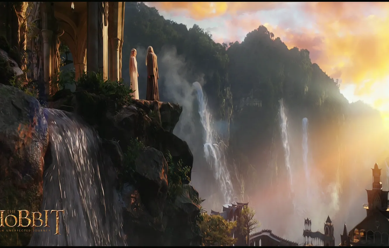 Photo wallpaper forest, sunset, open, elf, waterfall, sunset, elf, Rivendell