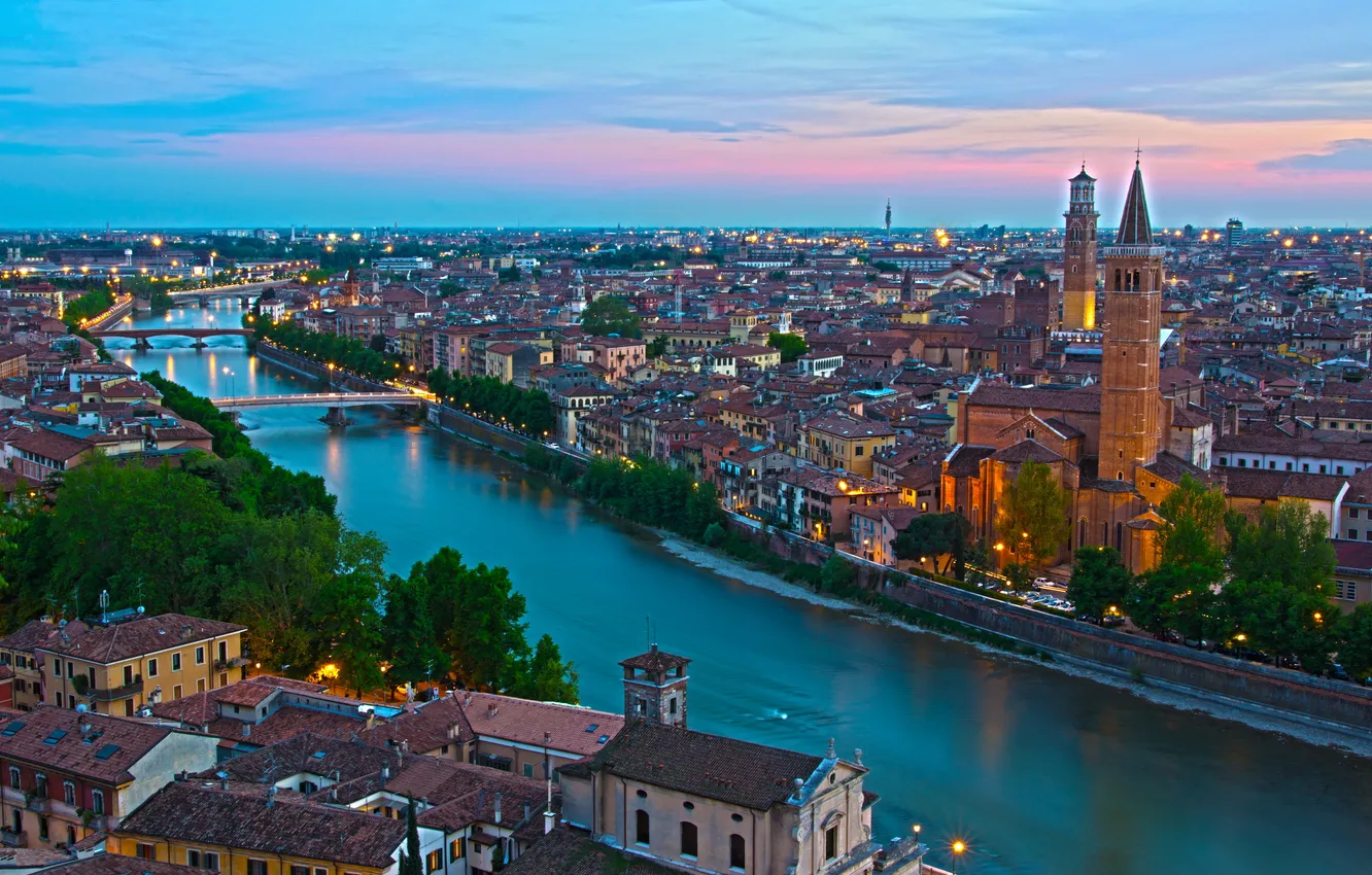Photo wallpaper the city, river, photo, horizon, Italy, top, megapolis, Verona