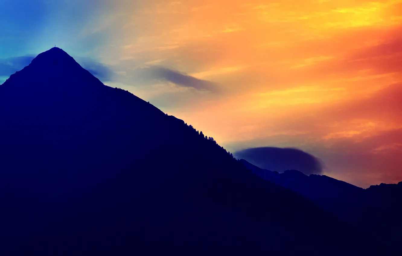 Photo wallpaper the sky, clouds, sunset, mountains, silhouette, glow