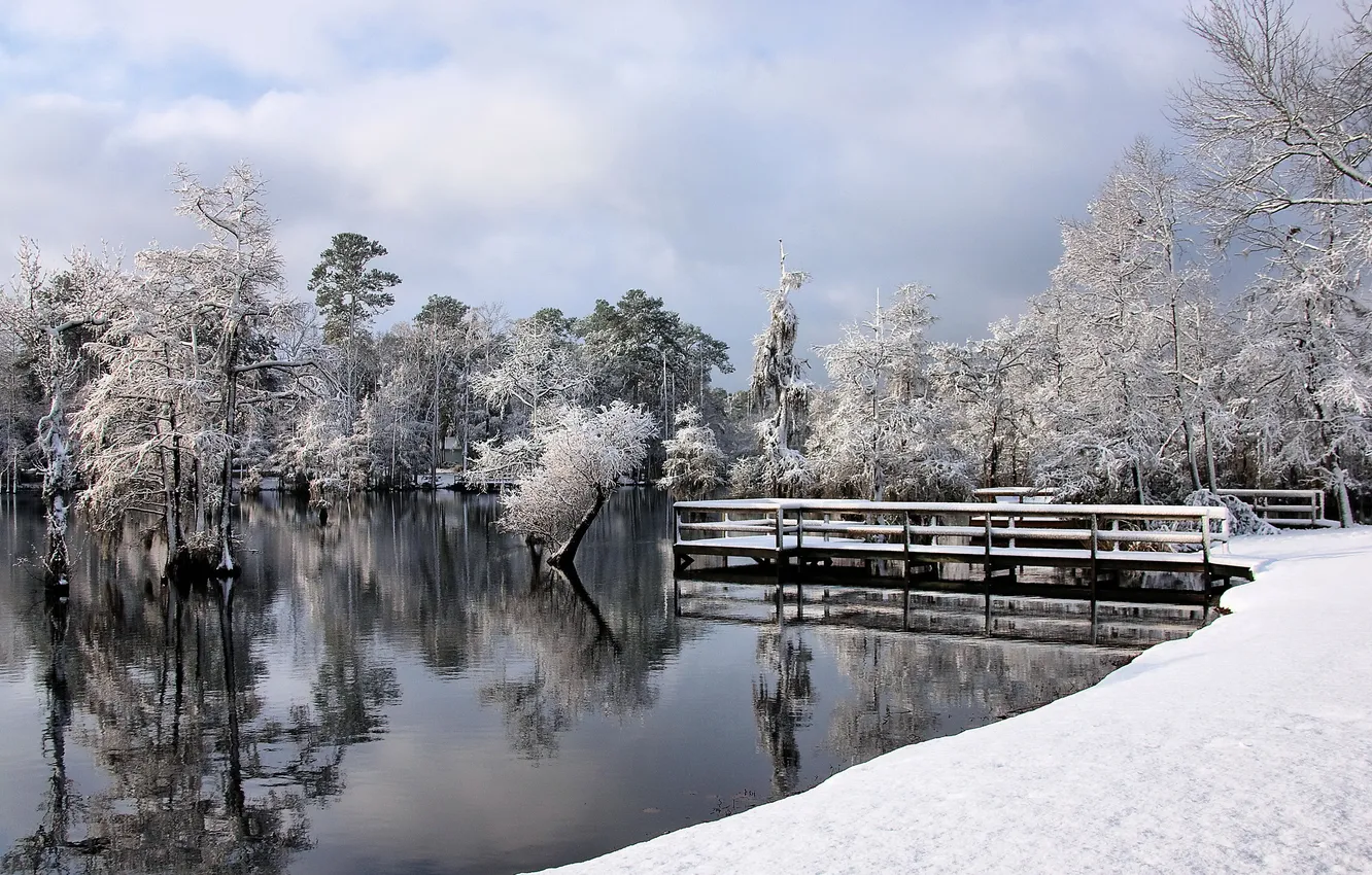 Photo wallpaper winter, landscape, bridge, lake