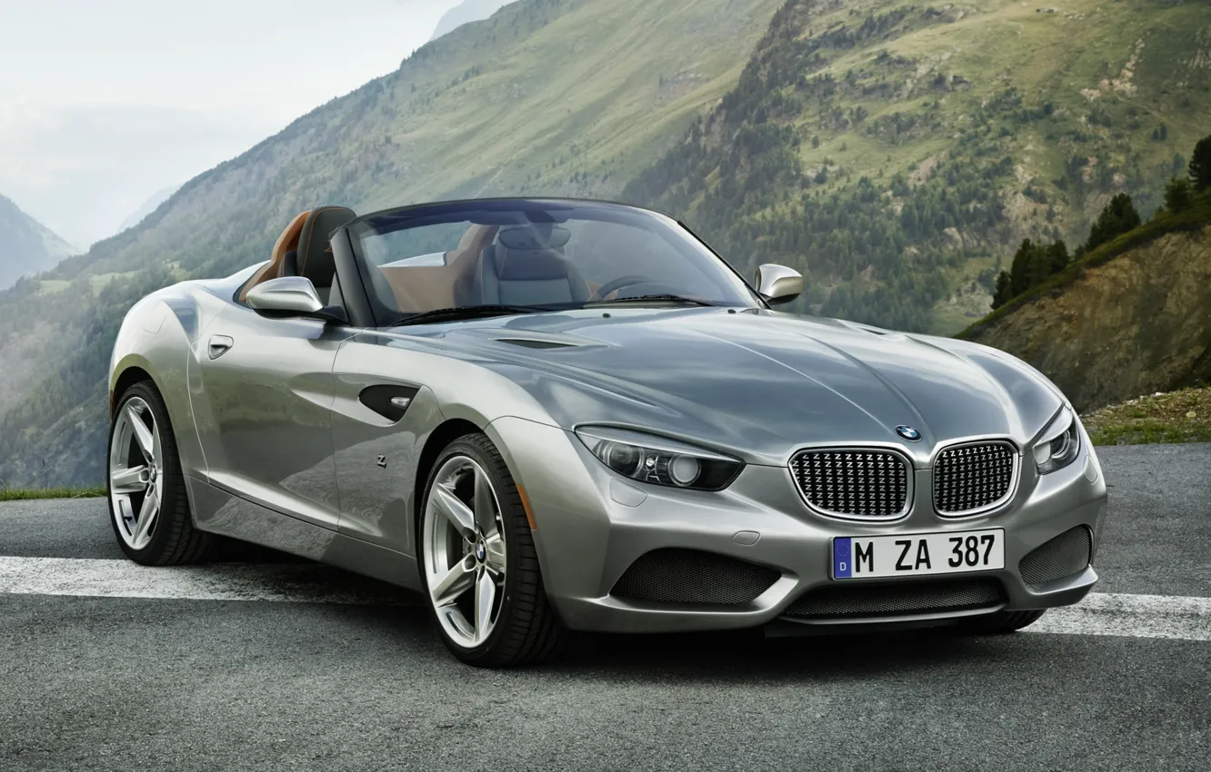 Photo wallpaper the sky, mountains, Roadster, silver, BMW, BMW, the front, Zagato
