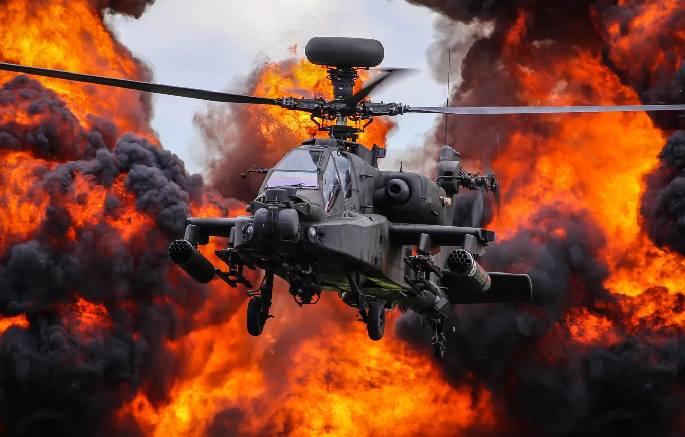 Photo wallpaper Smoke, Fire, Apache, AH-64 Apache, US Army, Attack helicopter, Boeing AH-64D Apache, Soot