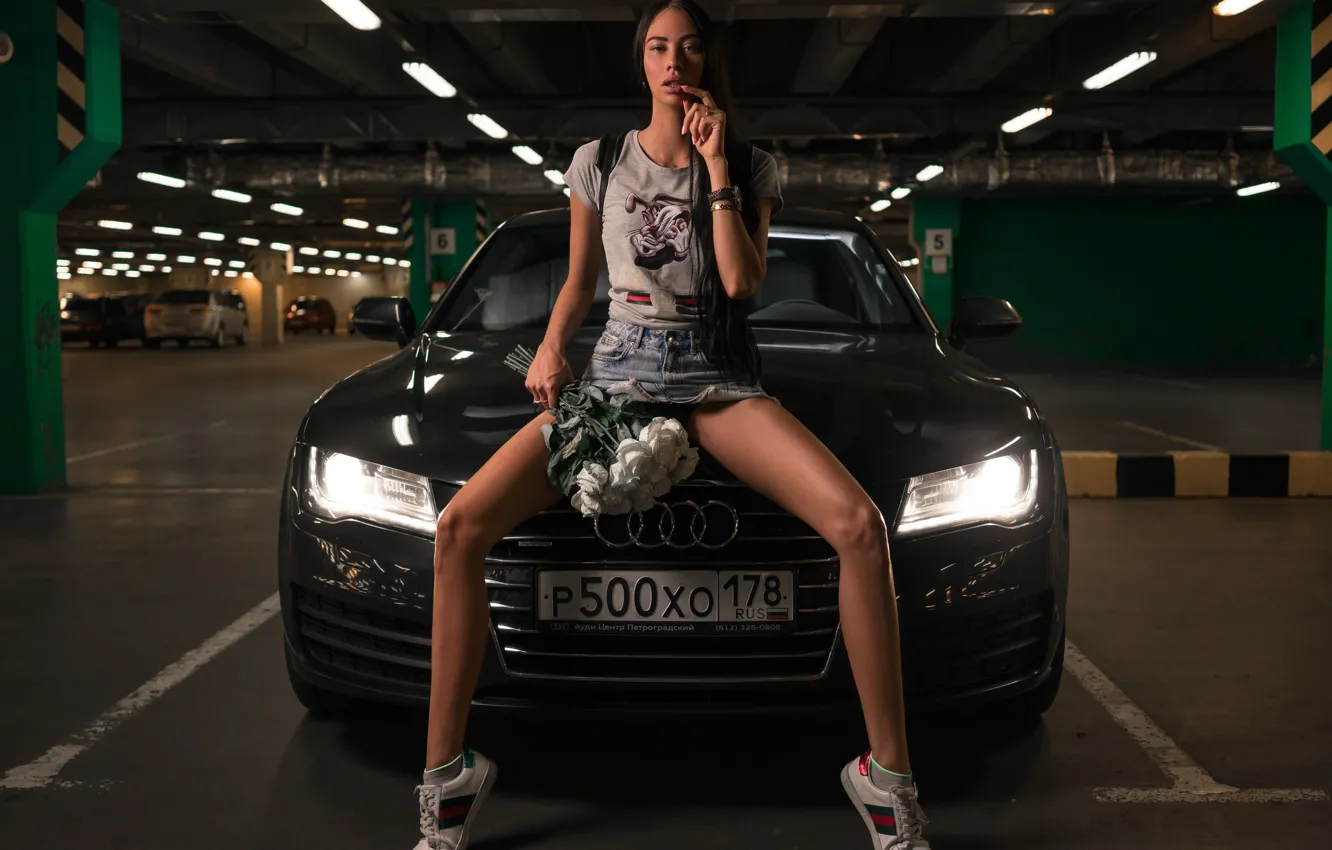 Photo wallpaper machine, auto, girl, flowers, pose, Audi, feet, Parking