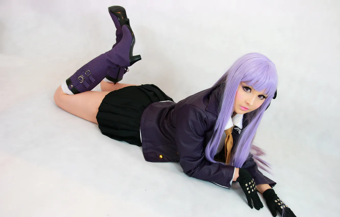 Photo wallpaper school uniform, model, women, cosplay, black panties, purple hair, mail kyouko, Danganronpa