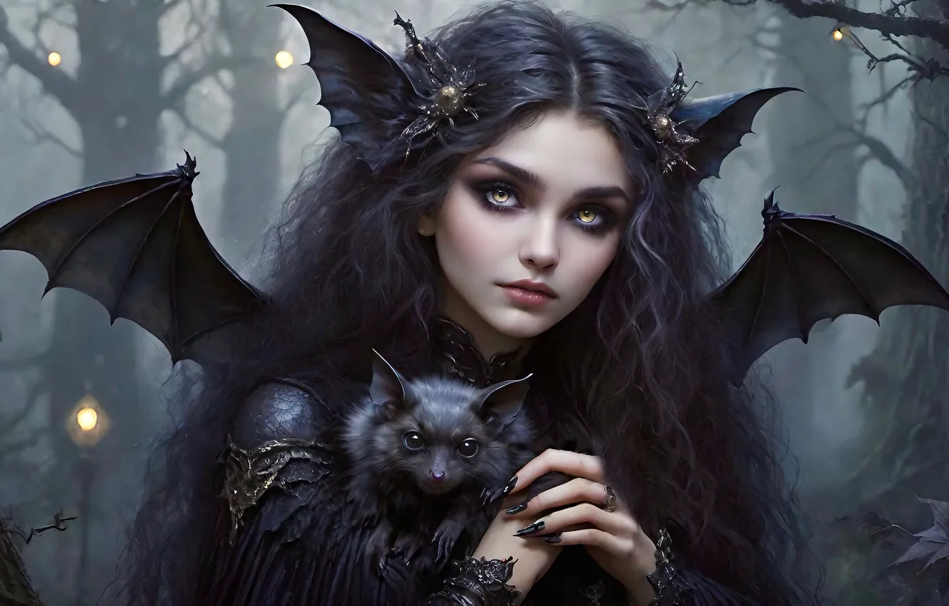 Photo wallpaper forest, look, girl, trees, lights, fog, wings, fantasy