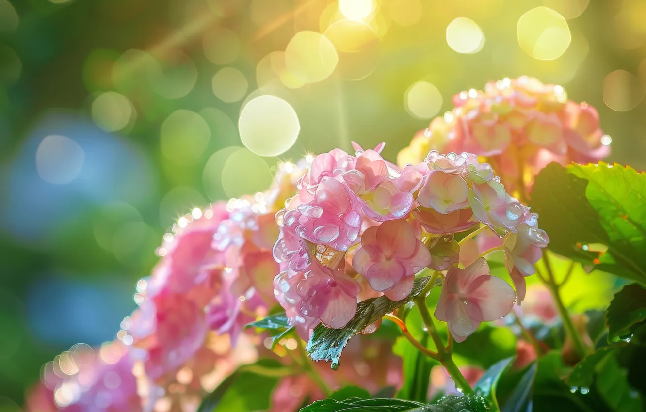 Photo wallpaper summer, the sun, drops, rays, light, branches, pink, the bushes