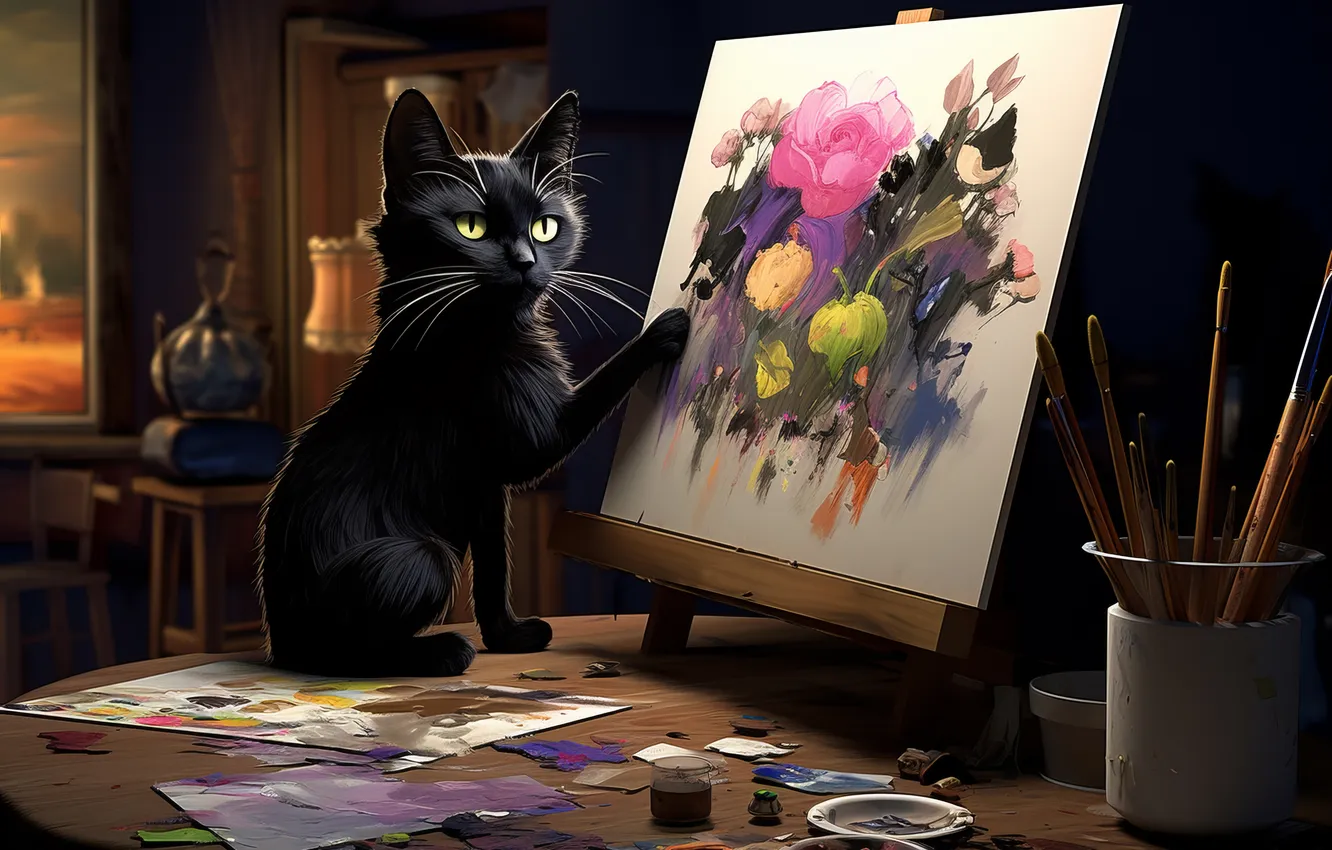Photo wallpaper cat, cat, table, black, picture, art, brush, easel